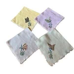 4 Vintage Dinner Napkins Pastel Butterfly Embroidery Cotton Fringed
